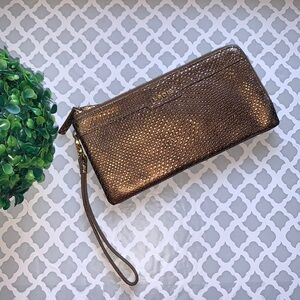 Lodis Italian Leather Double Zip Wristlet Wallet Bronze Python